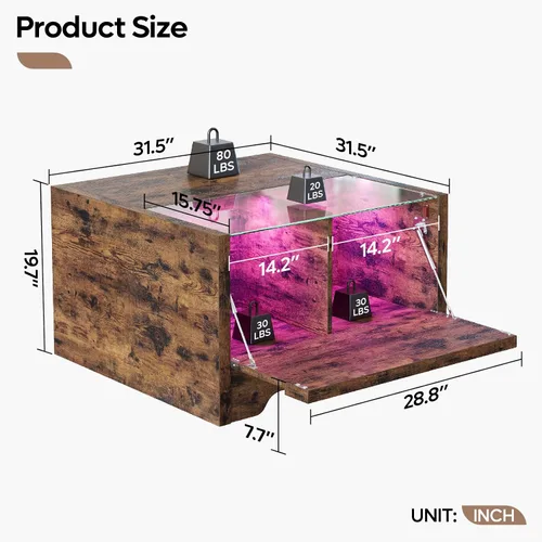 Vista 2 de Bestier Mesa de centro de granja de 31.5 pulgadas con almacenamiento, mesas de centro cuadradas LED para sala de estar, mesa central de madera