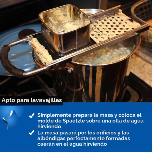 Vista 2 de Spaetzle Maker de acero inoxidable de alta calidad con mango de agarre cómodo, colador de araña de acero inoxidable, cuchara espumadora, colador