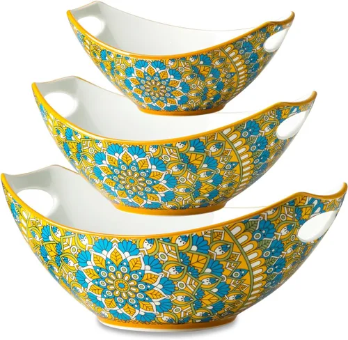 Vista 8 de LAUCHUH Tazones para servir con asas, platos de porcelana bohemia para entretener coloridos cuencos anidables para ensalada para cocina, fiesta