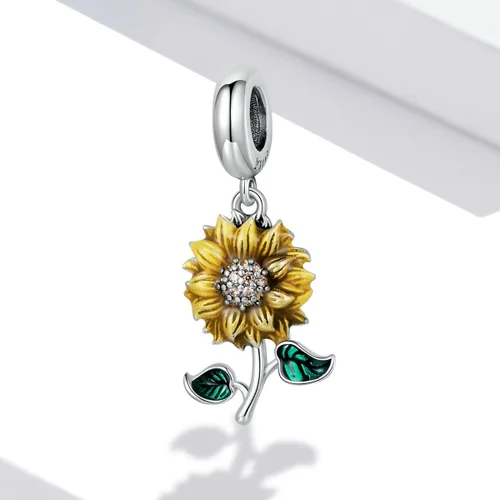 Vista 7 de Dije de girasol de plata de ley 925, dije de rosa con dije de amor, dije de cumpleaños para pulsera Pandora
