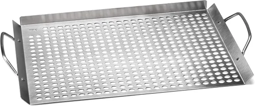 Vista 9 de Outset 76630 Rejilla superior de acero inoxidable para parrilla, juego de 2, 11"x7" y 11"x17" Stainless Steel Grill Toppers BBQ Veggie Grill