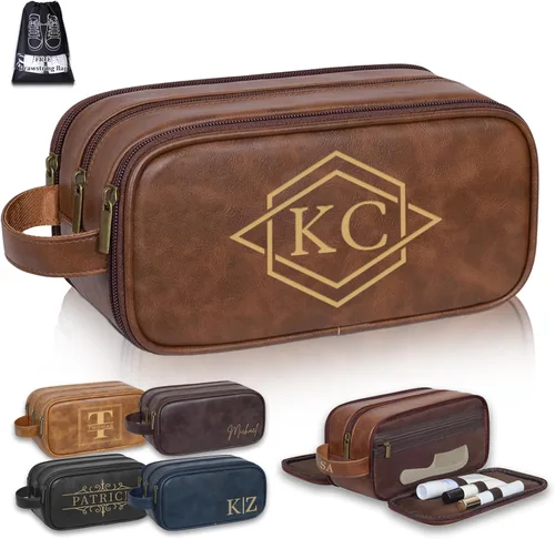 Vista 9 de Bolsa de aseo personalizada para hombre, kit dopp de gran capacidad con iniciales de nombre personalizado de cuero PU, regalo para padrinos, bolsa
