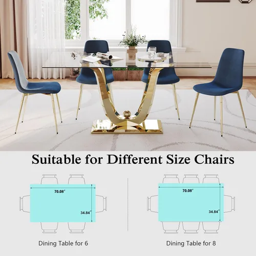 Vista 4 de Mesa de comedor de vidrio de 70 pulgadas para 4-8 personas, parte superior de vidrio templado y base de acero inoxidable en U dorada, escritorio