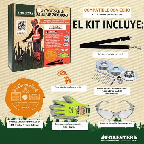 Vista 3 de Kit de conversión para cortasetos FORESTER con cuchilla de 20.3 cm para desbrozadora, gafas de seguridad, tapones para los oídos, guantes, arnés
