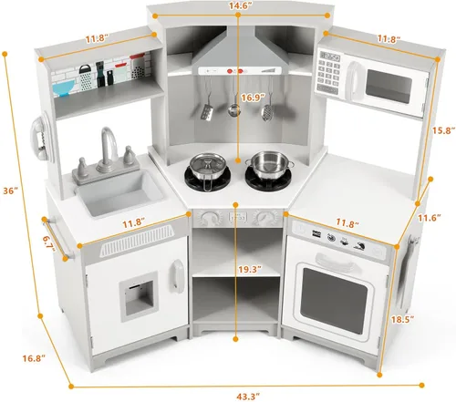 Vista 2 de JOYLDIAS Cocina de juego para niños, esquina de madera con luces y sonidos realistas, horno microondas, dispensador de agua, teléfono, fregadero