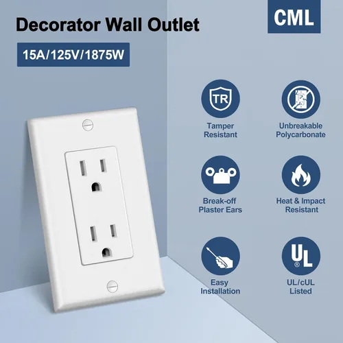 Vista 2 de CML - Paquete de 50 tomas de corriente de 15 amperios resistentes a manipulaciones, certificación UL Decorator Electrical Outlets, 15A/125V, NEMA