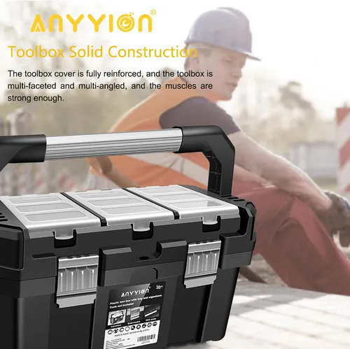 Vista 4 de Anyyion Caja de herramientas de 19 pulgadas con bandeja extraíble, verdaderamente fuerte y duradera para almacenamiento de manualidades, hogar