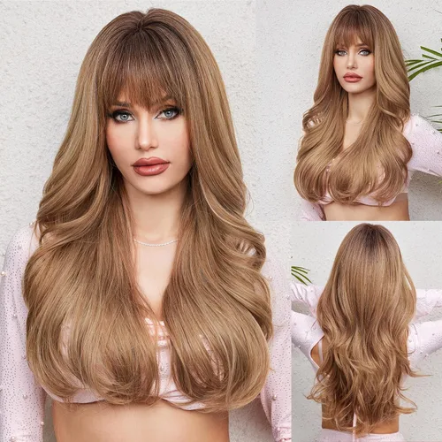 Vista 8 de HAIRCUBE Peluca rubia con reflejos, peluca larga y rizada con flequillo, peluca marrón, aspecto natural, resistente al calor, peluca sintética