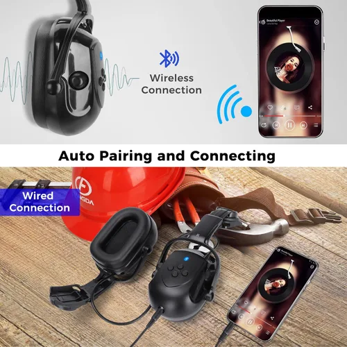 Vista 4 de BJKing Orejeras para casco duro con Bluetooth, NRR 28dB, orejeras ajustables montadas en la tapa, orejeras acoplables para casco