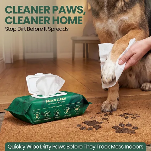 Vista 4 de Bark & Clean Toallitas de bambú para limpieza y desodorización – 8.5 x 9 pulgadas 110 toallitas hipoalergénicas compostables para mascotas