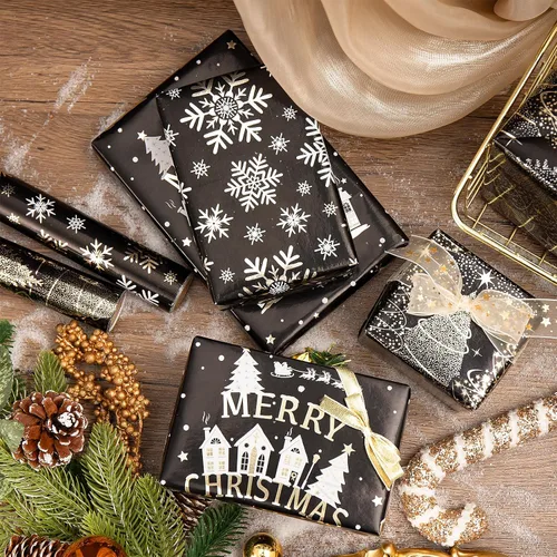 Vista 5 de RUSPEPA Juego de papel de regalo de Navidad negro y dorado, mini rollo, papel de regalo navideño con lámina dorada con árbol, copo de nieve y diseño