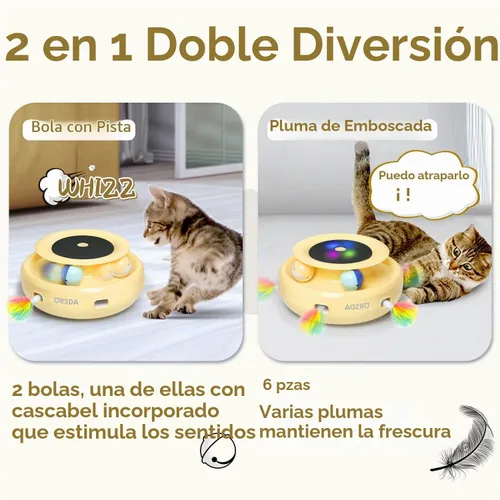 Vista 2 de ORSDA Juguetes interactivos 2 en 1 para gatos de interior, bolas de juguete automáticas para gatos, juguetes de plumas emboscadas con 6 plumas