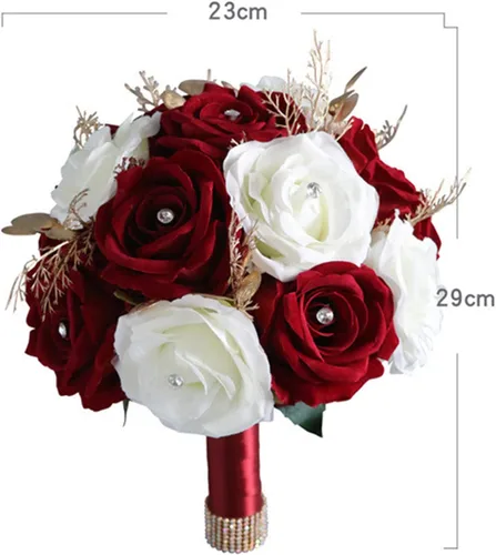 Vista 4 de Ramos de Boda para Novia y Dama de Honor, Ramo de Rosas Artificiales en Vino Rojo y Blanco para Decoración de la Iglesia y el Hogar