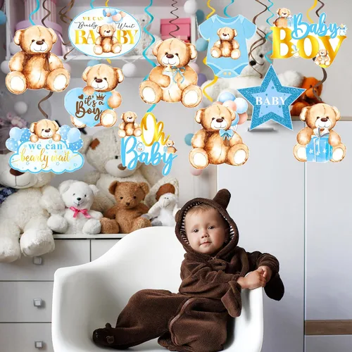Vista 9 de 20 piezas de oso de peluche colgantes con diseño de remolinos We Can Bearly Wait Baby Shower Decoraciones It's a Boy Ceiling Swirl Bear Baby Shower