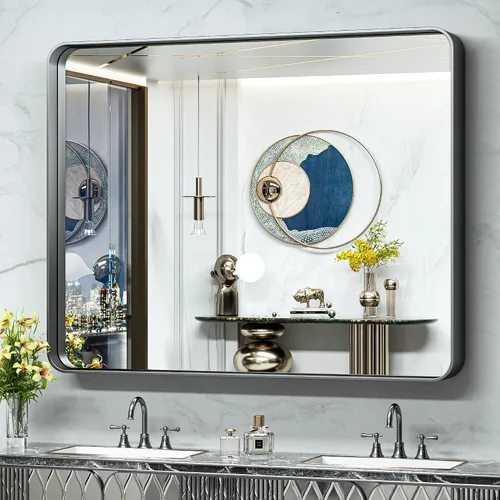 Vista 66 de TokeShimi Espejo de pared de baño de níquel cepillado de 20 x 30 pulgadas, marco de metal, esquina redonda, rectangular, para decoración del hogar