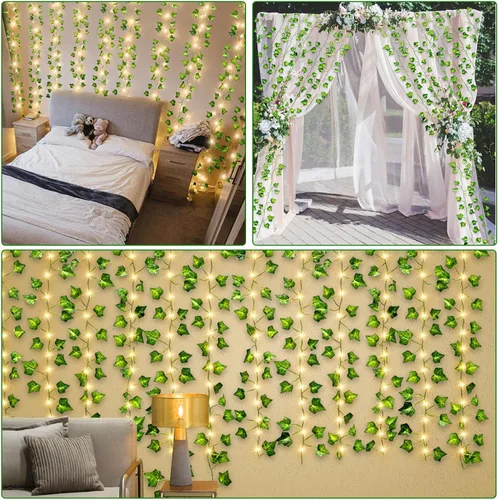 Vista 7 de Paquete de 12 enredaderas falsas de 84 pies con 100 luces temporizadoras grandes y pequeñas, hojas verdes gruesas, plantas sintéticas, guirnalda