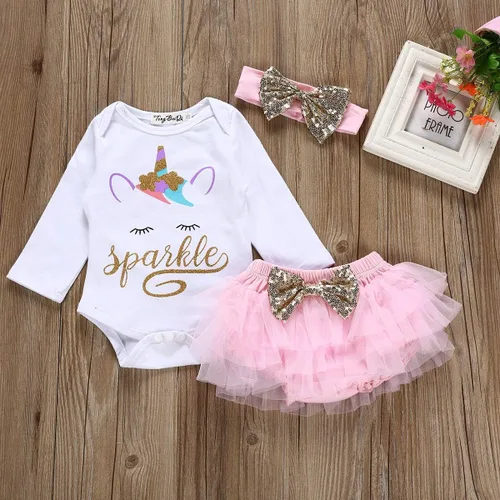 Vista 2 de Conjunto de disfraz de unicornio para bebé niña con diseño de primer cumpleaños + tutú, falda de princesa, lazo, diadema
