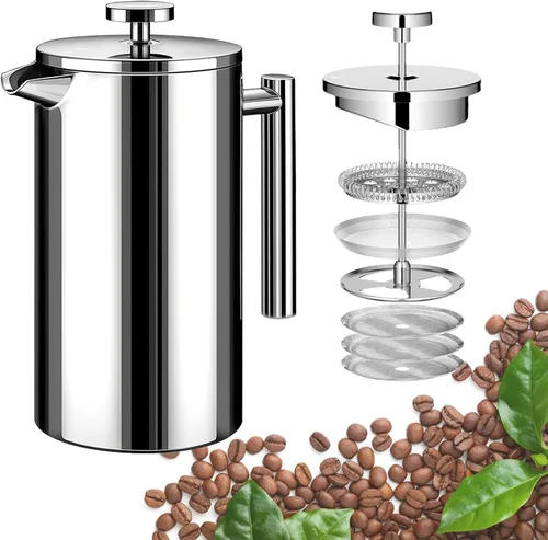 Vista 8 de Cafetera de Prensa Francesa de Acero Inoxidable Negro, Prensa Francesa Aislada de Doble Pared, para Café y Té, con 3 Pantallas Extra y una Cuchara