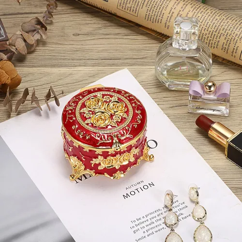 Vista 2 de Hipiwe Joyero de metal vintage Pequeña caja organizadora de anillos con patrón de rosas para joyas, caja de almacenamiento para anillos, aretes