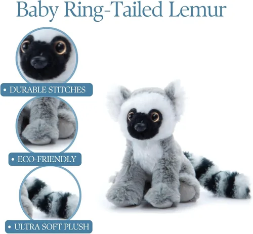Vista 9 de The Petting Zoo Peluche de lémur de cola de anillo, regalos para niños, animales salvajes del zoológico de Onez Babiez, juguete de peluche de lémur