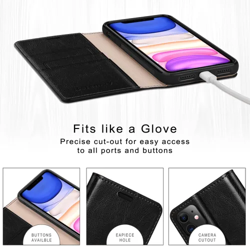 Vista 8 de Belemay Funda Compatible con iPhone 15 Funda Cartera - Cuero Genuino - Portadores de Tarjetas con Bloqueo RFID - Carcasa TPU Resistente a Golpes