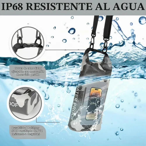 Vista 4 de Bolsa impermeable IP68, 2L - Bolsa impermeable para piscina con tapa enrollable, bolsas secas para kayak impermeables con bolsa para teléfono, bolsa