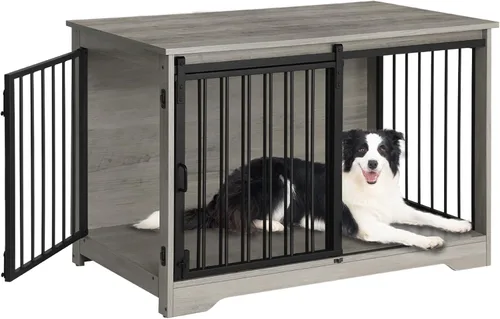 Vista 26 de Hzuaneri Mueble de jaula para perros de 27.2 pulgadas con puerta de granero, perrera resistente para interiores con 2 puertas, mesa auxiliar jaula