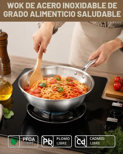 Vista 6 de LOLYKITCH Wok Pan de acero inoxidable de tres capas de 11 pulgadas con tapa
