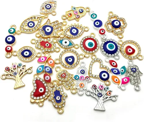 Vista 4 de 50 dijes de cuentas contra el mal de ojo para hacer joyas, varios conectores de mal de ojo, diamantes de imitación para mujer, pulseras, aretes