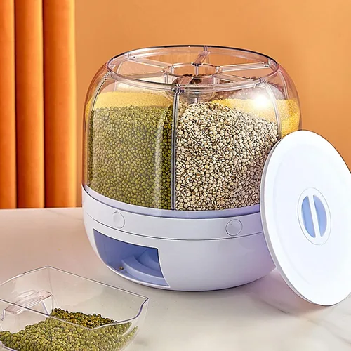 Vista 9 de Dispensador de arroz, dispensador de cereales giratorio 360, tanque de cereales de 6 rejillas, caja de almacenamiento redonda giratoria para granos
