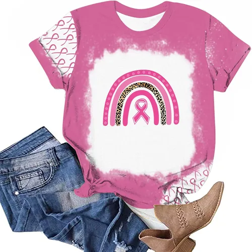 Vista 2 de Breast Cancer Shirts for Women Trendy Ribbon Graphic Tops Cancer Survivor Gifts T Shirt Cancer Awareness Blouses