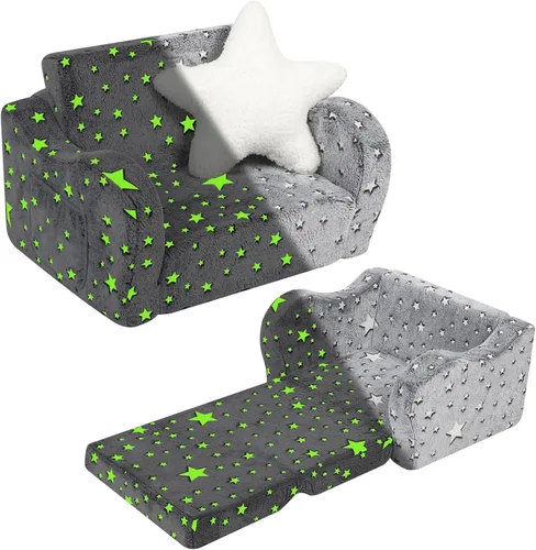 Vista 13 de MOMCAYWEX Sofá para bebé, 2 en 1, sofá suave para niños plegable con almohada de estrellas, sofá plegable para convertir en sofá cama, extra ancho