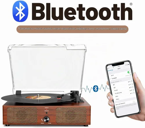Vista 2 de Tocadiscos de vinilo con receptor Bluetooth integrado y 2 altavoces estéreo, 3 velocidades y 3 tamaños, tocadiscos retro portátil para Amarillo