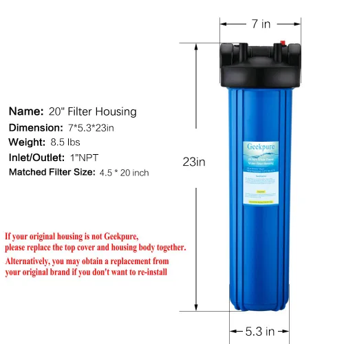 Vista 2 de Geekpure Carcasa de filtro de agua para toda la casa de 20 pulgadas, puerto de latón NPT de 1 pulgada, filtro de 4.5 x 20 pulgadas, azul (1)