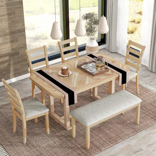 Vista 10 de Juego de mesa de comedor de 6 piezas, mesa rectangular con 4 sillas y banco negro beige (Black+beige)