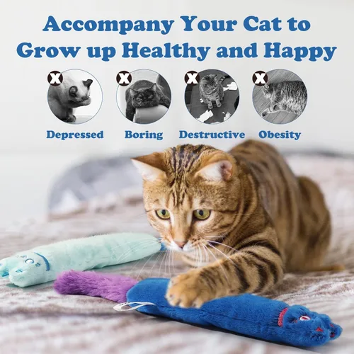 Vista 5 de Pawaboo Juguetes para gatos, paquete de 2 juguetes de hierba gatera con campana y papel arrugado, juguetes para gatitos suaves y duraderos, juguetes