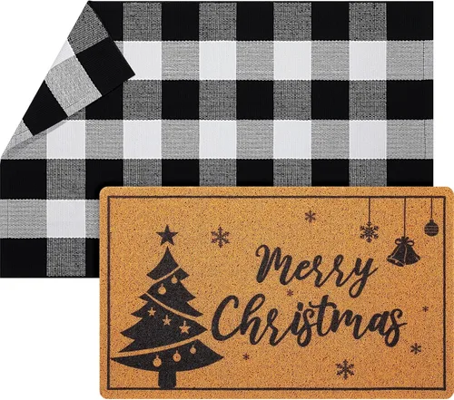 Vista 8 de Geelin 2 Tapetes de Puerta de Navidad, Felpudo Delantero Navideño a Cuadros Buffalo Blanco y Negro, Alfombra Decorativa de Árbol de Navidad