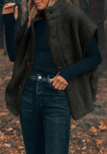 Vista 33 de Hongqizo - Chaleco de forro polar mullido para mujer, casual, de gran tamaño, cálido, con botones, chaqueta de sherpa con bolsillos