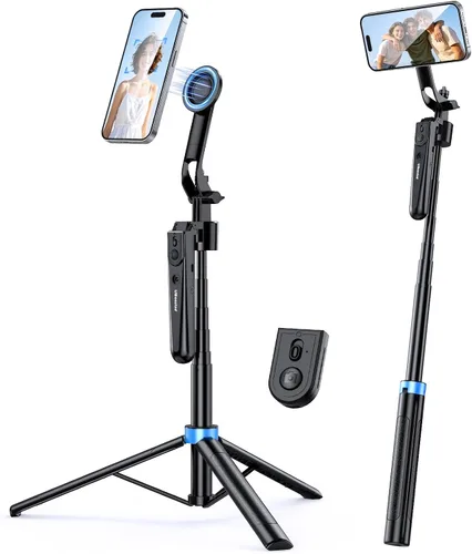 Vista 8 de UBeesize Trípode de seguimiento facial automático de 70 pulgadas, rotación de 360° con soporte, trípode para teléfono con luz de relleno, palo