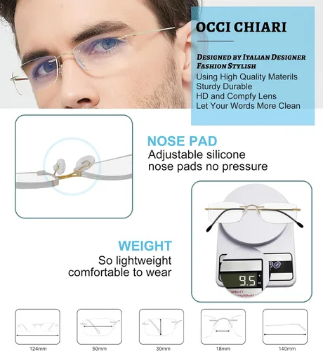 Vista 5 de OCCI CHIARI Gafas de lectura con bloqueo de luz azul para hombre, de titanio, sin marco, ligeras
