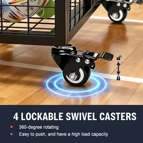 Vista 5 de rehomerance Ball Cart Garage Sports Equipment Basketball Organizer with Lockable Lid, Basketball Storage Bin for Indoor Outdoor, Rolling Exercise