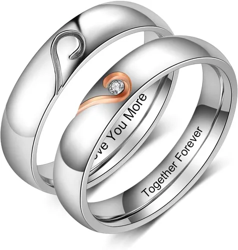 Vista 10 de OPALSTOCK - Juego de anillos de compromiso personalizados para parejas con corazón a juego para él y para ella multicolor/fantasía (Adjustable)