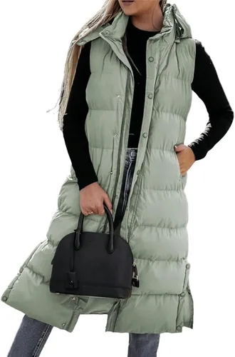Vista 2 de Grlasen Chaleco largo acolchado con capucha para mujer, manga larga, con botones, chaleco acolchado de algodón, abrigo de invierno