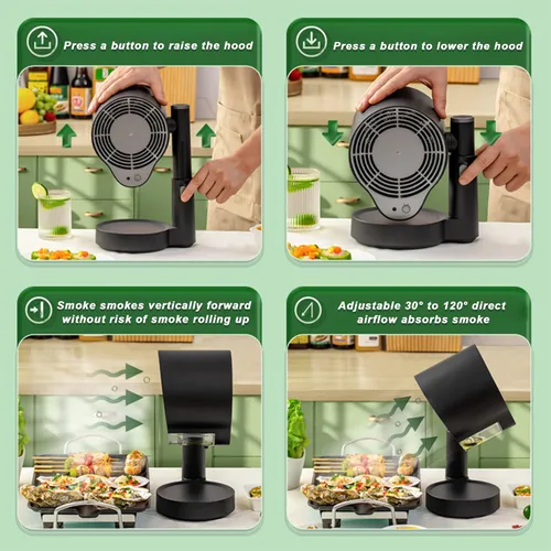 Vista 6 de Campana extractora portátil para cocina de RV, BBQ, olla caliente, ventilador de escritorio para cocina con 3 velocidades, altura telescópica, bajo