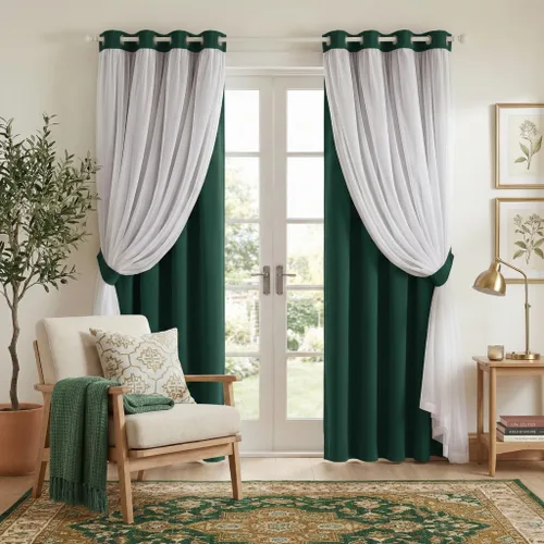 Vista 48 de PONY DANCE Cortinas Opacas con Superposición de Gasa, Cortinas de Doble Capa con Aislamiento Térmico Mix & Match para Oscurecer Habitaciones