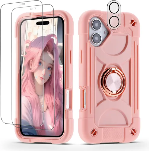 Vista 111 de Funda para iPhone 11 de 6.1 pulgadas con soporte de anillo, con 2 protectores de pantalla de vidrio, resistente a los golpes, resistente a