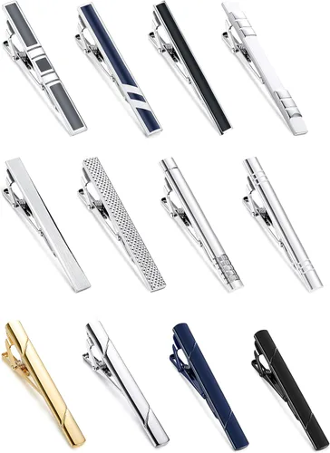Vista 2 de Jstyle Juego de 12 clips de corbata para hombre, juego de clips de barra de corbata clásicos para corbatas regulares, clips de pellizco, clips
