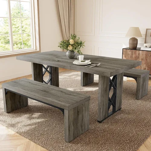 Vista 11 de HIPIHOM Mesa de comedor de granja de 70.8 pulgadas para 6 personas, mesa de cocina rectangular grande con patas resistentes, muebles de comedor