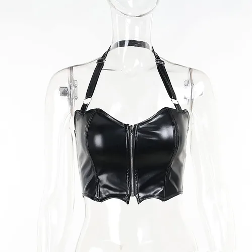Vista 5 de FlyCC Camiseta sin mangas sexy de piel sintética para mujer