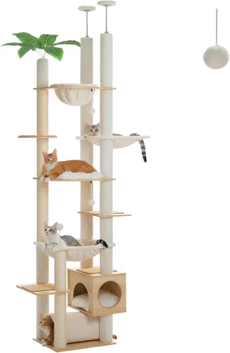Vista 18 de PEQULTI Árbol para gatos de piso a techo, torre alta para gatos, altura ajustable (83-108 pulgadas), 5 niveles de árbol trepador para gatos